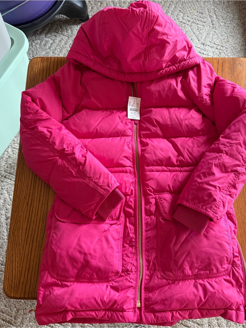 J. Crew Womens Hot Pink Puffer Jacket with Hood